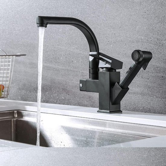 Küchenarmatur – Schwarz, Ausziehbarer Brausekopf, Flexibler Auslauf, Warm-/kaltwasser, Chromsilber
