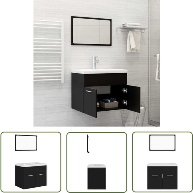 The Living Store - Badmöbel-set Schwarz Holzwerkstoff - Badezimmersatz - Schreibtisch - Unterschrank - Spiegelschrank - Waschtrog