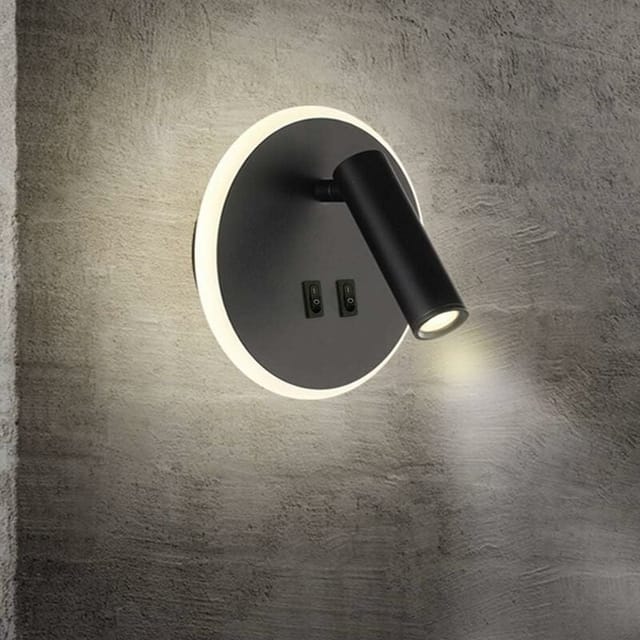Led-nachttischlampe, Zweifach Regulierbar, Drehbare Wandleuchte, Schwarz – Rund, 3 W + 8 W, Weißlicht 6000–6500 K