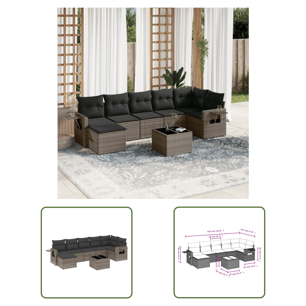 The Living Store 8-tlg. Garten-sofagarnitur Mit Kissen Grau Poly Rattan - Gartenmöbel Set - Esszimmergarnitur - Outdoor Möbel - Lounge Garnitur - Rattan Gartenmöbel