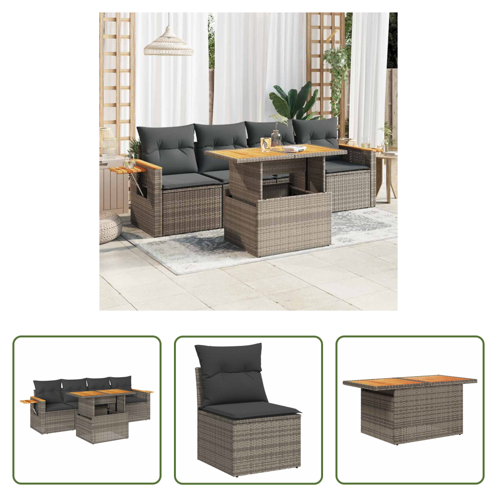 Vidaxl Akazienholz - 5-tlg. Garten-sofagarnitur Mit Kissen Grau Poly Rattan Akazie