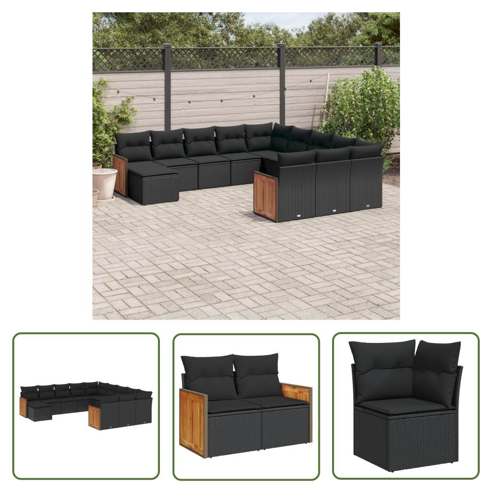 The Living Store 12-tlg. Garten-sofagarnitur Mit Kissen Schwarz Poly Rattan - Gartensortiment - Gartenmöbelset - Polyethylen-rattan - Outdoor Möbel - Lounge Set