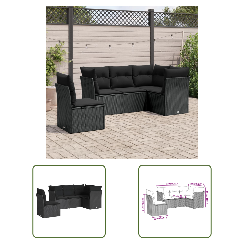 The Living Store 5-tlg. Garten-sofagarnitur Mit Kissen Schwarz Poly Rattan - Gartensorte - Esszimmergarnituren - Lounge Möbel - Outdoor Sofa - Gartenmöbel Set