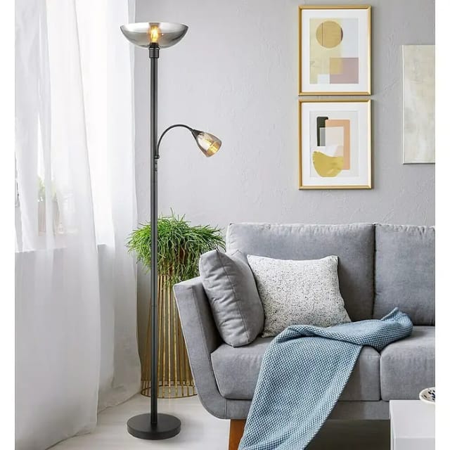 Globo Lighting - Stehleuchte Deckenfluter Standlampe Leseleuchte Schlafzimmerleuchte Wohnzimmerlampe, Metall Schwarz Glas Rauchfarben, Getrennt Schaltbar Lesespot Schwenkbar, H 178 Cm