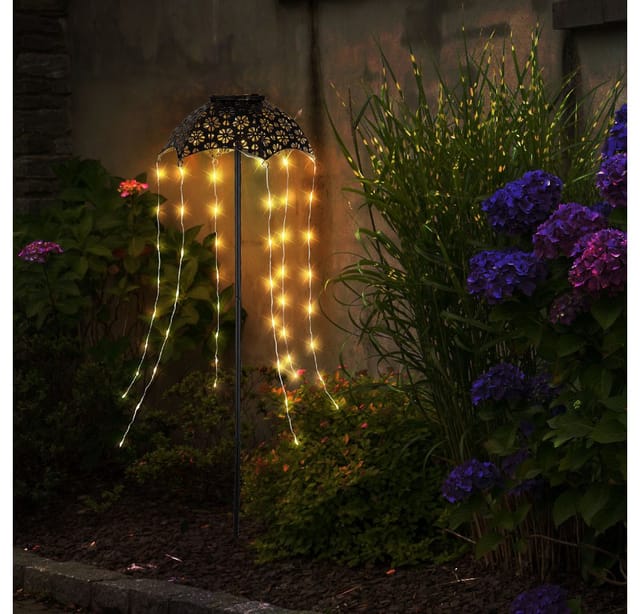 Solarlampe Außenleuchte Mit Erdspieß Gartendeko Regenschirm Terrassenlampe, Schwarz Kuper, 60x Led Warmweiß, Dxh 20,5 X 65 Cm, 2er Set