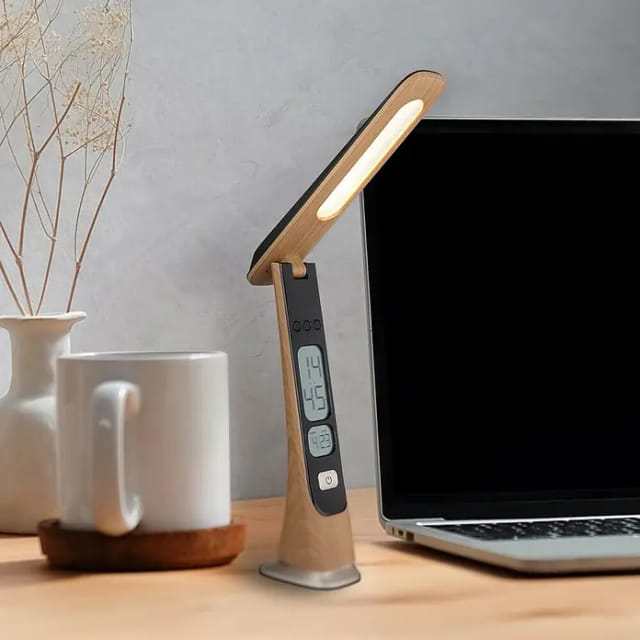 Tischleuchte Schreibtischlampe Led Touch-dimmer Usb-c Uhr Akku Holzoptik Gold