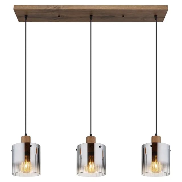 Pendelleuchte Hängelampe Deckenleuchte 3-flammig Holzoptik Glas Rauchfarbe