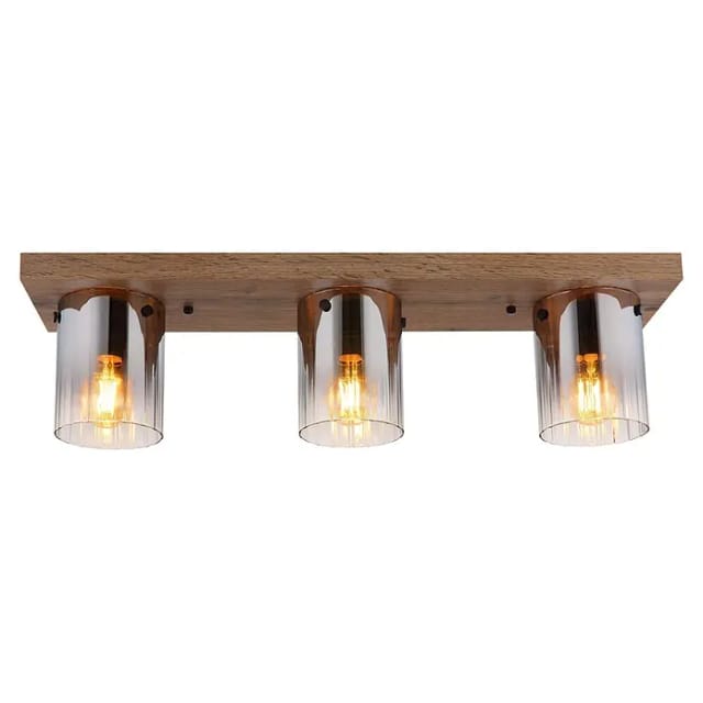 Deckenleuchte Deckenlampe Wohnzimmerlampe Holzoptik Glas Rauchfarbe 3-flammig