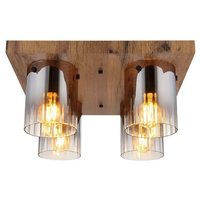 Deckenleuchte Deckenlampe Wohnzimmerlampe Holzoptik Glas Rauchfarbe 4-flammig
