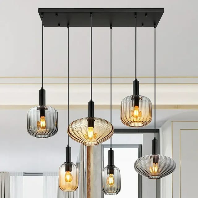 Pendelleuchte Hängelampe Esszimmerlampe 6-flammig Glas Deckenleuchte Designlampe