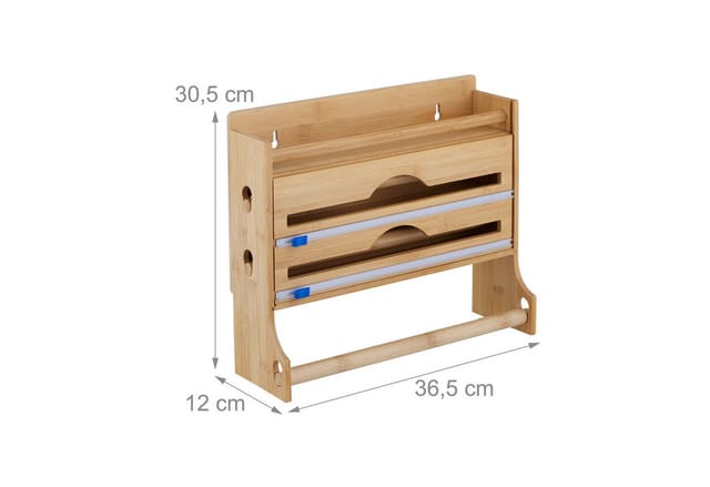 Relaxdays - Wandrollenhalter 3-fach, Küchenrolle, Alufolie, Frischhaltefolie, Bambus, Hxbxt: 30,5 X 36,5 X 12 Cm, Natur