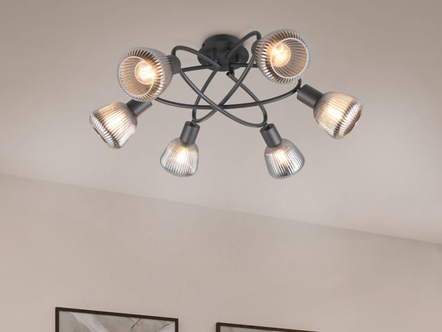 Große Led Deckenleuchte 6-flammig Mit Glasschirmen Chrom Bedampft, Ø 59cm