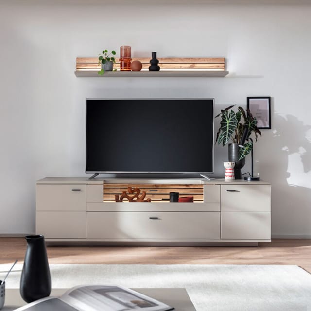 Wohnwand Grau Liezen-05 Modern In Eiche 2-teilig Inkl. Beleuchtung