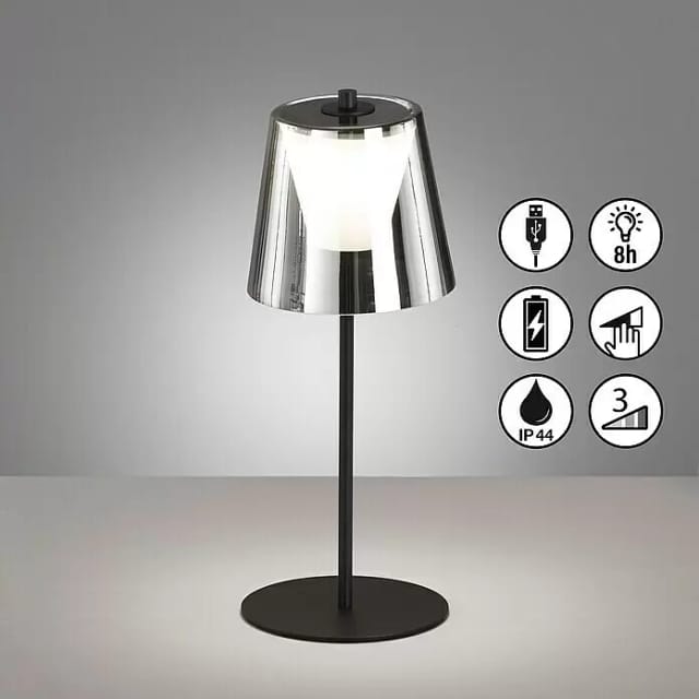 Led Tischleuchte Touchdimmer Außenlampe Rauchglas Gartenlampe Akku Tischlampe, Metall Sandschwarz, 2w 270lm Warmweiß, Dxh 14 X 35 Cm