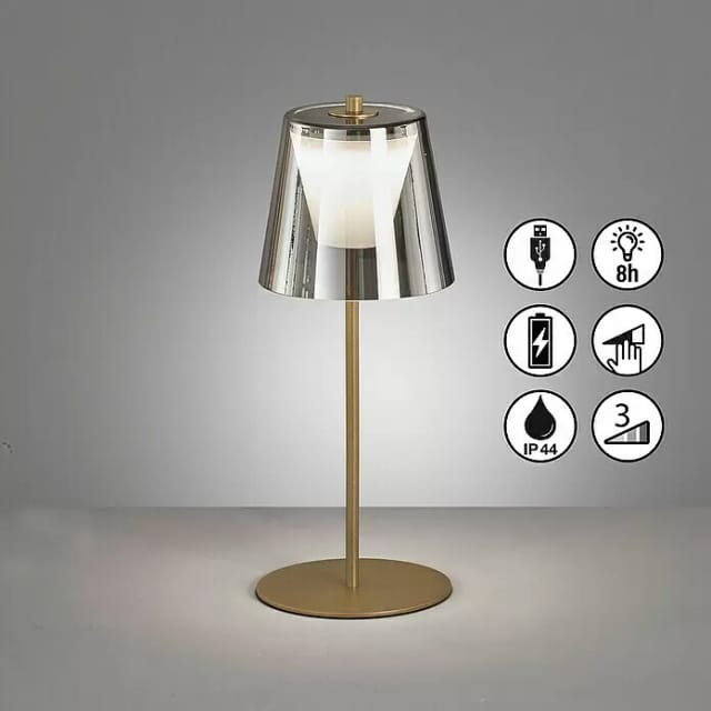 Fischer Leuchten - Led Tischleuchte Touchdimmer Außenlampe Rauchglas Gartenlampe Akku Tischlampe, Metall Gold, 2w 270lm Warmweiß, Dxh 14 X 35 Cm