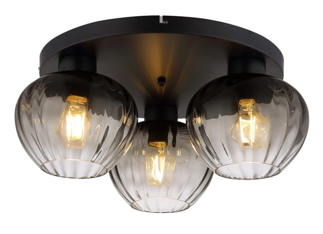 Nowa - Deckenlampe 3 Flammig Retro Rauchglas Deckenleuchte Wohnzimmerlampe Flurleuchte, Metall Schwarz, 3x E27, Dxh 45 X 20,5 Cm