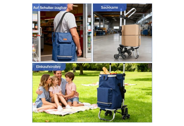 Sekey Aluminium 3 In 1 Treppensteiger Einkaufstrolley, Trolly Einkaufswagen Klappbar Mit Kühlfach, 6 Räder, Blau