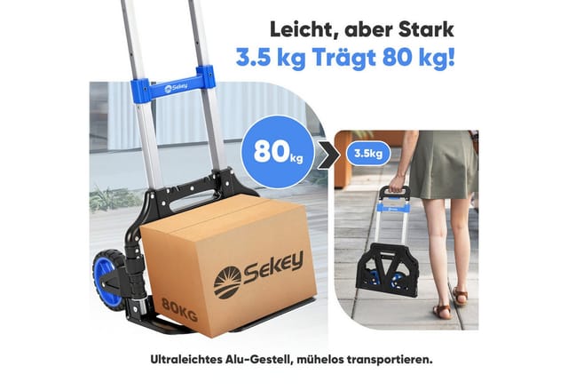 Sekey Aluminium Sackkarre Klappbar 80kg Transportkarre, 3-stufig Höhenverstellbar Stapelkarre