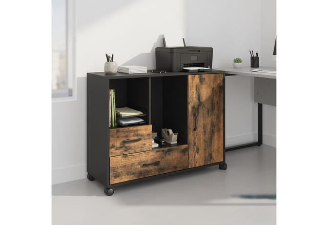 Relaxdays Rollcontainer 2 Schubladen, 4 Fächer, Hbt: 70x90x35 Cm, Rollwagen Mit Tür, Büroregal Industrial, Braun/schwarz