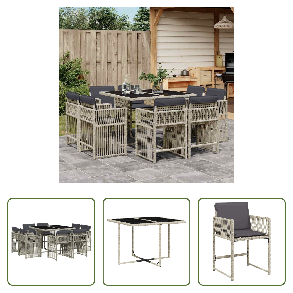 Vidaxl Gartensessel - 9-tlg. Garten-essgruppe Mit Kissen Hellgrau Poly Rattan