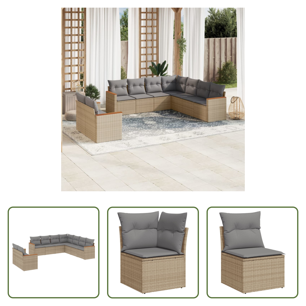 Vidaxl Rattan - 9-tlg. Garten-sofagarnitur Mit Kissen Beige Poly Rattan