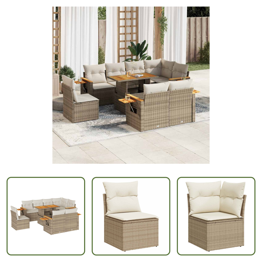 Vidaxl Rattan - 9-tlg. Garten-sofagarnitur Mit Kissen Beige Poly Rattan Akazie