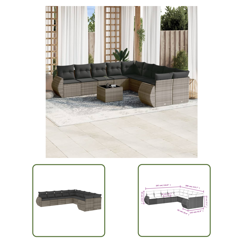 The Living Store 10-tlg. Garten-sofagarnitur Mit Kissen Grau Poly Rattan - Gartenmöbel - Outdoor Möbel - Rattan Gartenset - Lounge Set - Esstischgarnitur