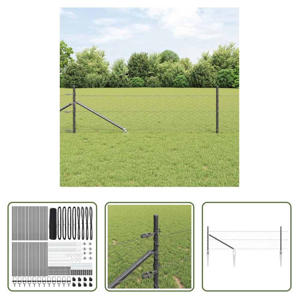 Außenzaun - Zaunpfosten Grau 100 X 0,4 M (50 Mm Netz) Stahl Und Pvc