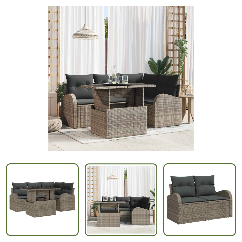 Außensofa - Gartensofa-set Mit Kissen Mit Speicher 5 Pcs Grau Poly Rattan