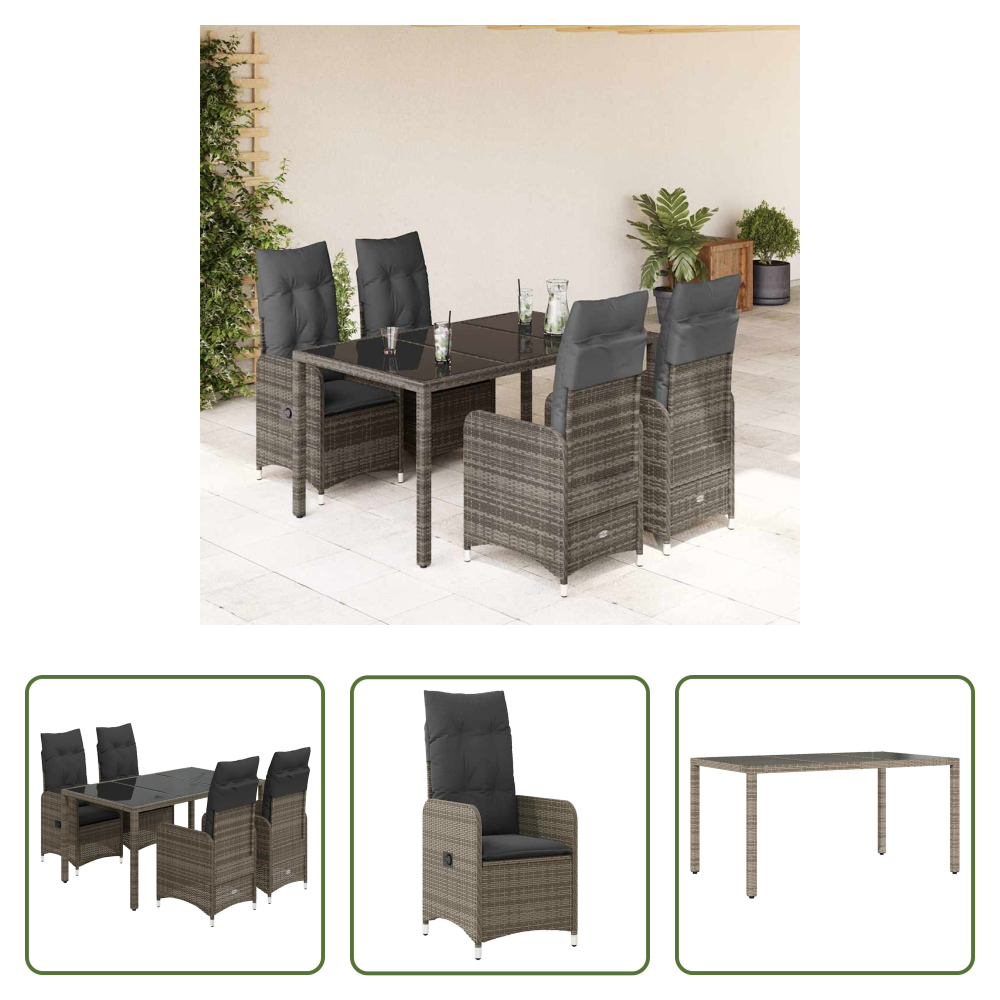 Vidaxl Bistro-set - 5-tlg. Garten-bistro-set Mit Kissen Grau Poly Rattan