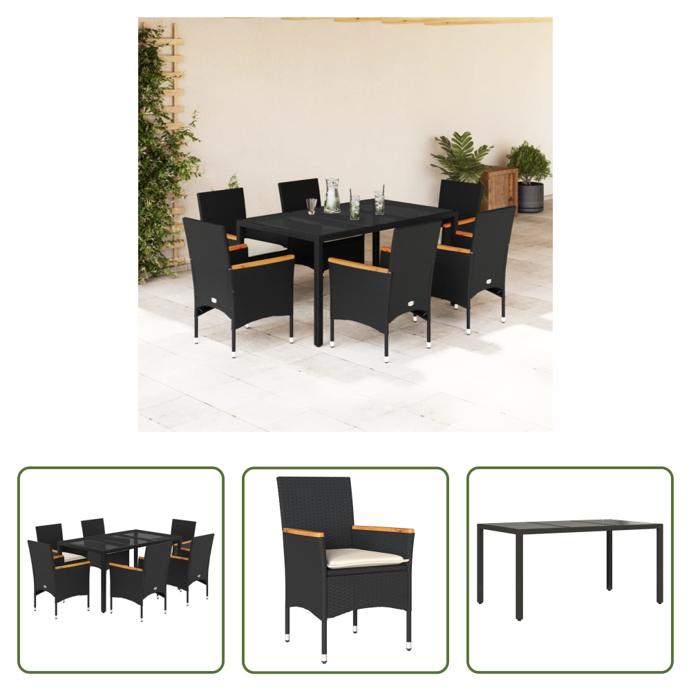 Gartenessgruppe - 7-tlg. Garten-essgruppe Mit Kissen Schwarz Poly Rattan Glas
