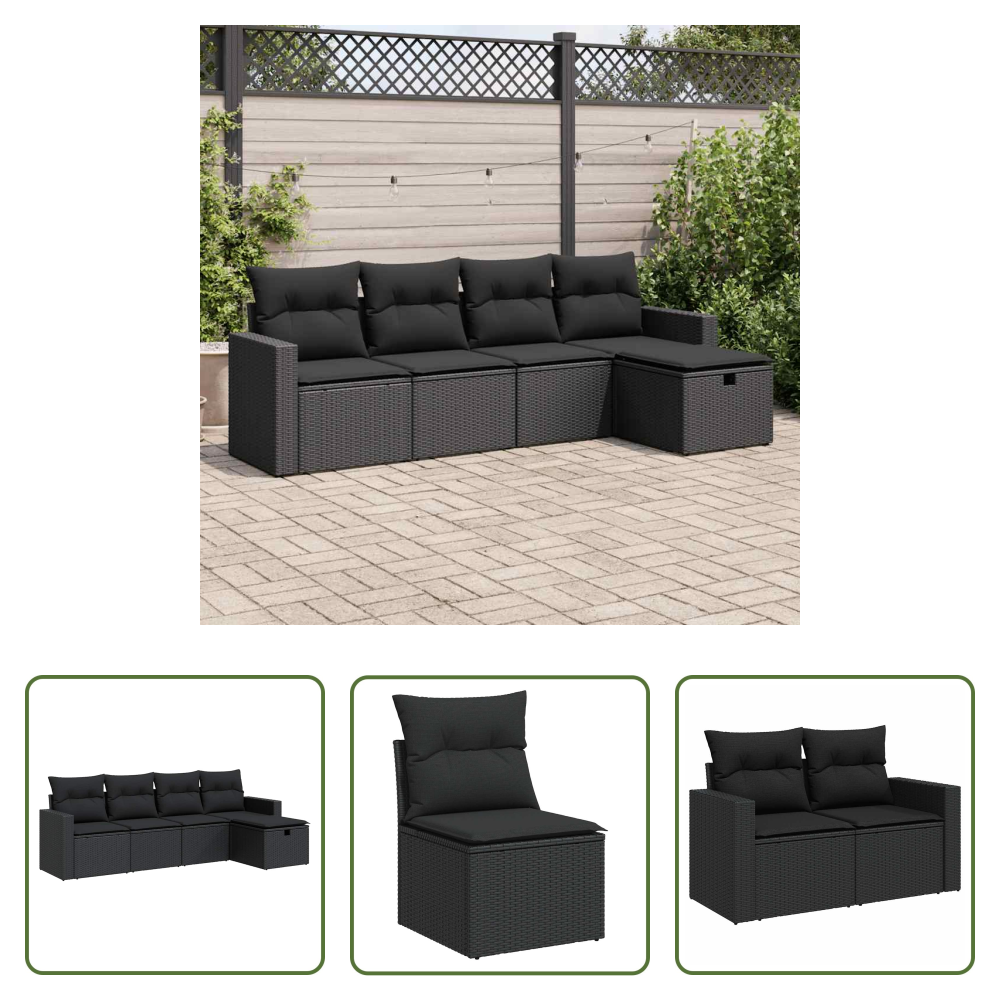 Rattan - 5-tlg. Garten-sofagarnitur Mit Kissen Schwarz Poly Rattan