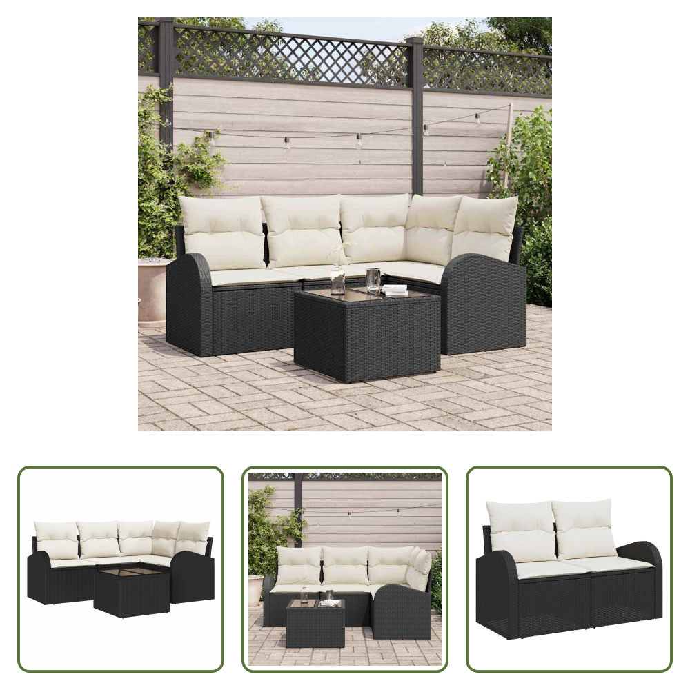 Vidaxl Poly-rattan - Gartensofa-set Mit Kissen 5 Pcs Schwarz Und Weiß Poly-rattan