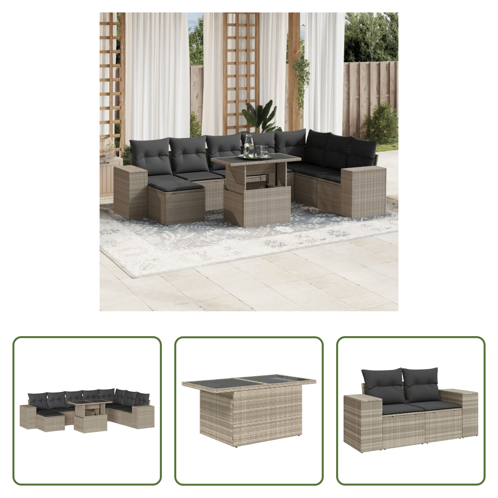 Vidaxl Poly Rattan - 9-tlg. Garten-sofagarnitur Mit Kissen Hellgrau Poly Rattan