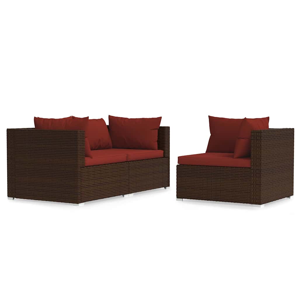 Terrassensofa - 3-tlg. Garten-lounge-set Mit Kissen Braun Poly Rattan