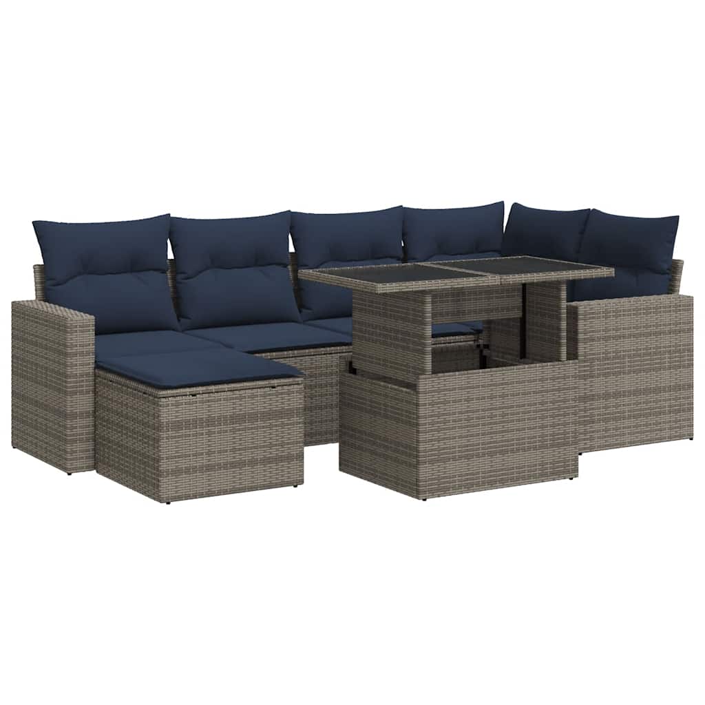 Rattan - 7-tlg. Garten-sofagarnitur Mit Kissen Grau Poly Rattan Akazie