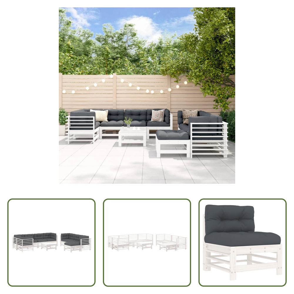 Vidaxl Kissen - 10-tlg. Garten-lounge-set Mit Kissen Weiß Massivholz