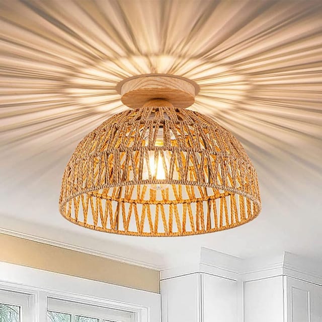 Moderne, Halb Eingelassene Deckenleuchte, Halb Eingelassene Deckenleuchte Im Boho-stil, Deckenplatte Aus Holz, E27-fassung, Rattankorb, Handgewebter Lampenschirm Aus Bambus, Beleuchtungskörper
