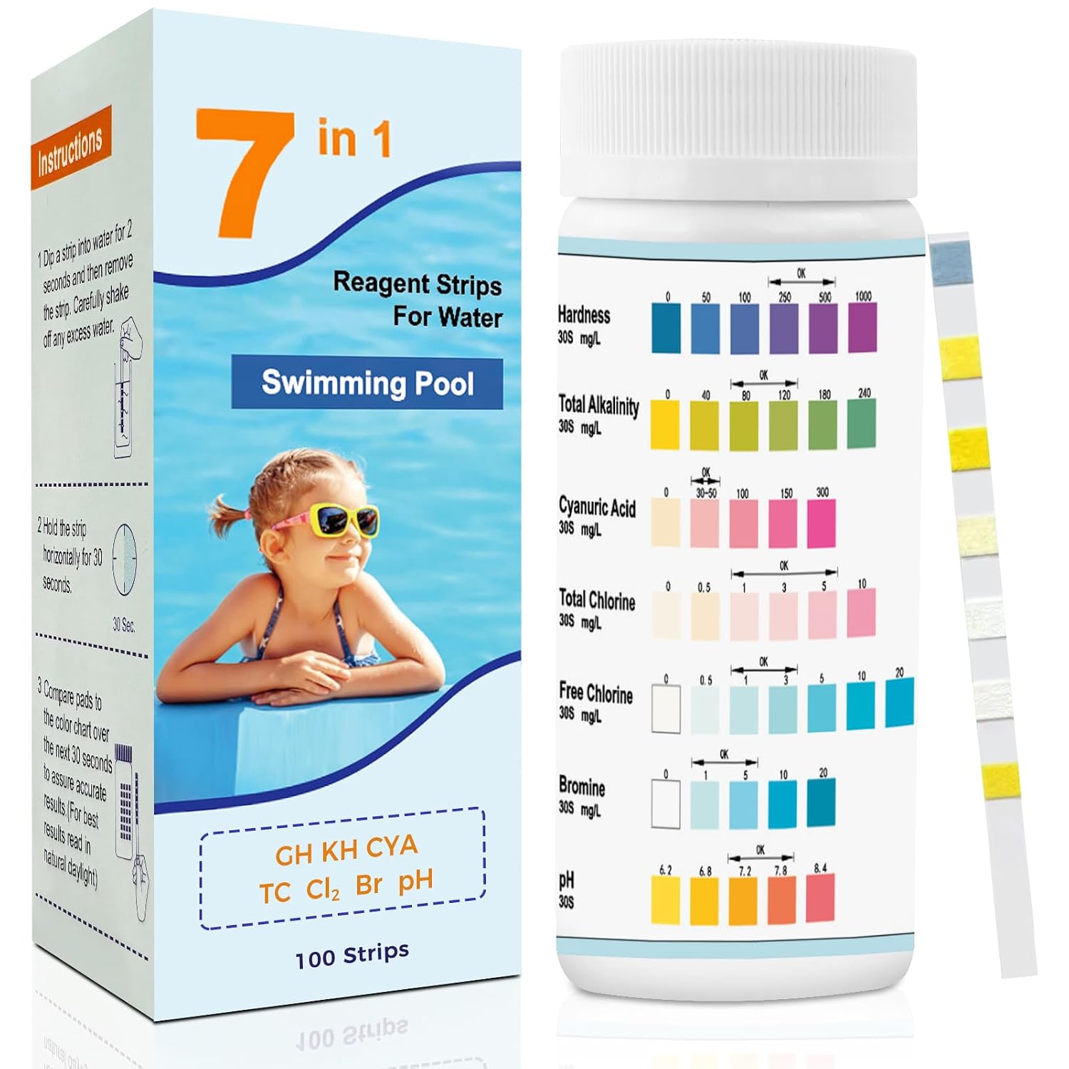 Cnmtcco 7-in-1-pooltester, 100 Teststreifen, Für Schwimmbecken, Spas Und Whirlpools: Ph-wert, Chlor, Härte, Gesamtalkalität, Cyanursäure.