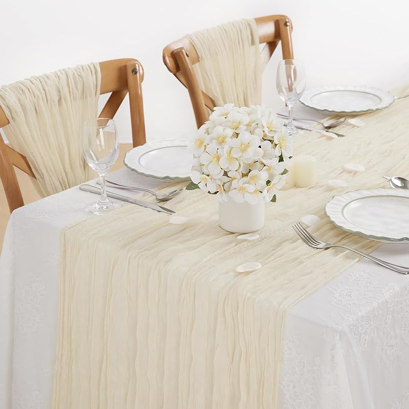 Set Aus 2 Eleganten Und Raffinierten Beigefarbenen Tischläufern Aus Baumwollmusselin Im Bohème-stil, Perfekt Für Eine Hochzeit Oder Geburtstagsfeier (90 X 300 Cm).