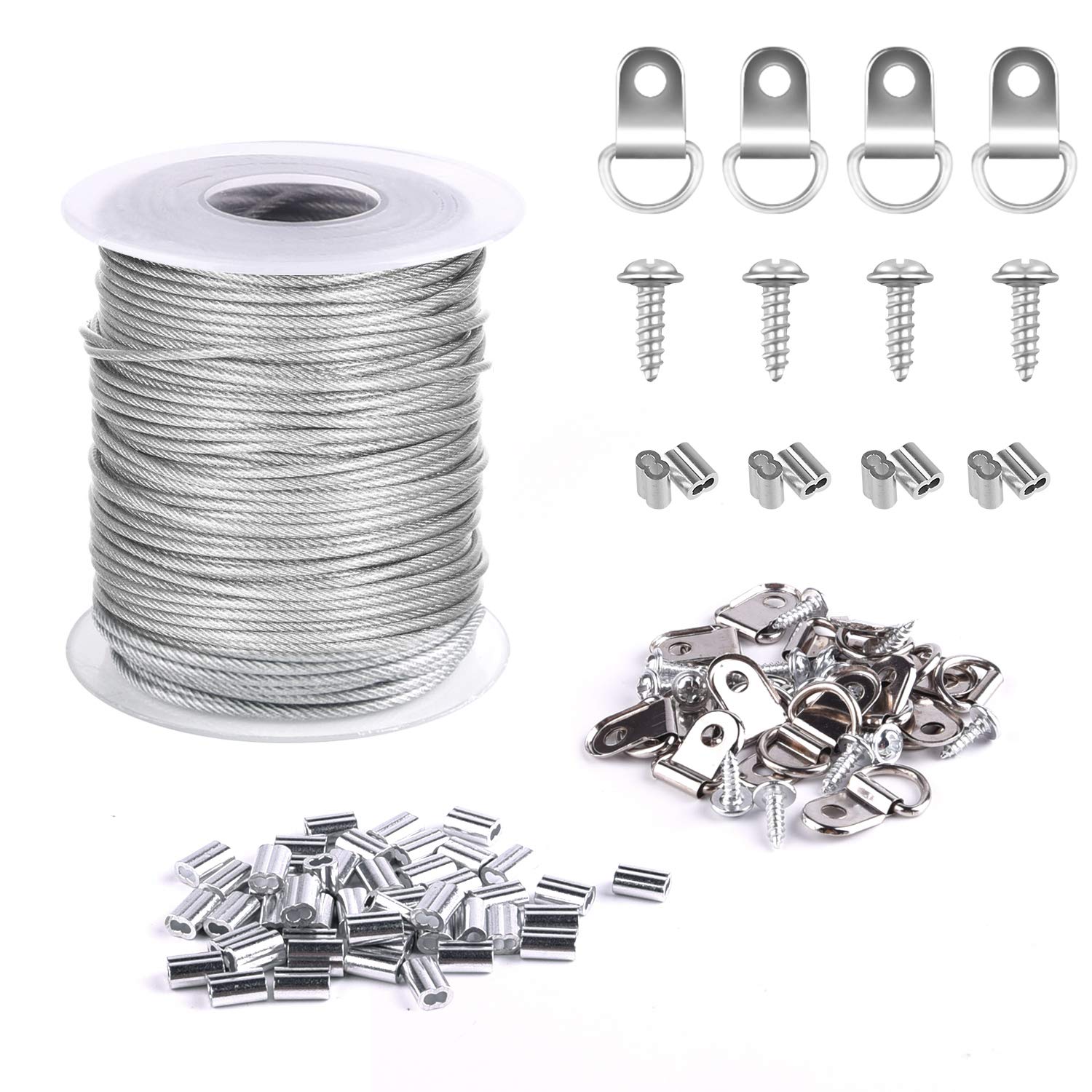 Tuparka Fotoaufhängeset: Bilderrahmenhaken, 1,5 Mm X 30 M 304 Edelstahl-aufhängedraht, 30-teilige Spule, Faltbare Aluminium-schlaufenhülsen Und 15 D-ringe.