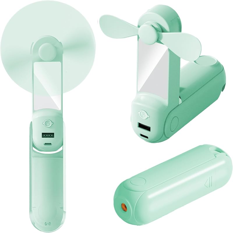 Cnmtcco Mini 5-in-1 Usb-wiederaufladbarer, Faltbarer Handventilator Mit Schultergurt, Powerbank, Taschenlampe, Spiegel Und Handyhalterung Für Büro Und Outdoor-einsatz (grün)