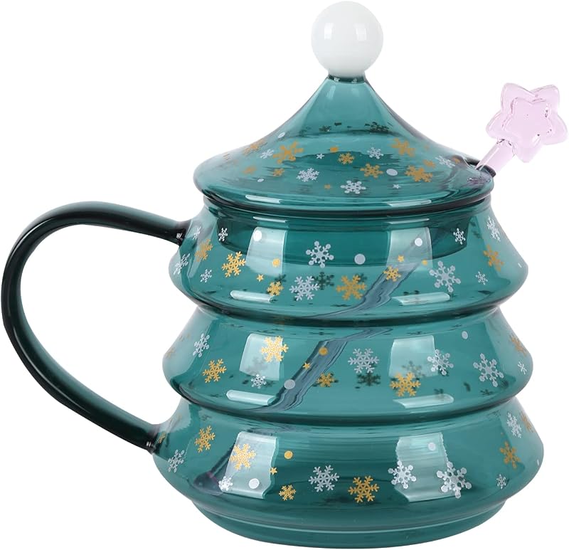 Tslbw Weihnachtskaffeebecher, Hübscher Glasbecher Mit Deckel, Weihnachtsbaum-design, 400 Ml. Weihnachtsdekoration.