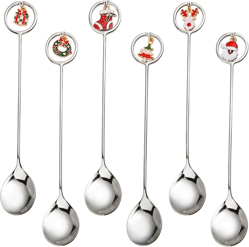 Set Mit 6 Edelstahl-weihnachtsteelöffeln Mit Weihnachtsanhänger, Geschenkverpackung Für Bar, Café, Küche, Tischdekoration (a)