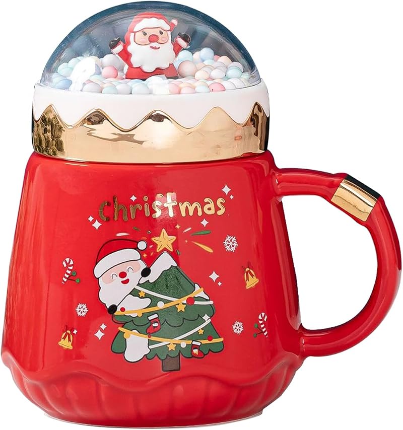 Weihnachtskaffeebecher 420 Ml Mit Deckel Und Löffel, Milchkaffeebecher Mit Henkel, Mikrowellengeeignete Keramik-teetassen (rot)