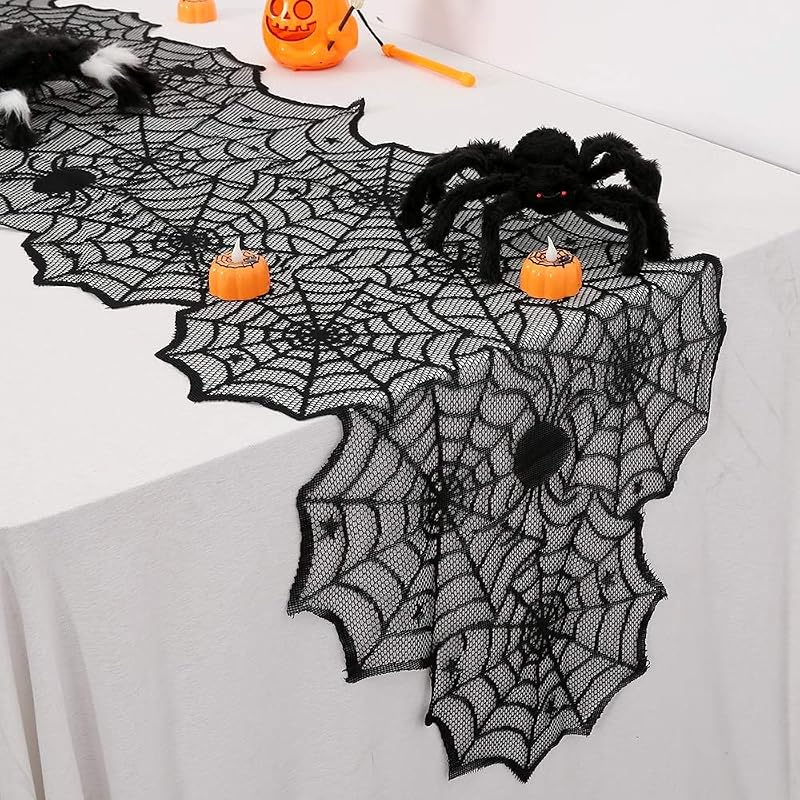Tischläufer Aus Canvas Mit Spinnenmuster, Halloween-dekoration, Schwarz, 45 X 180 Cm