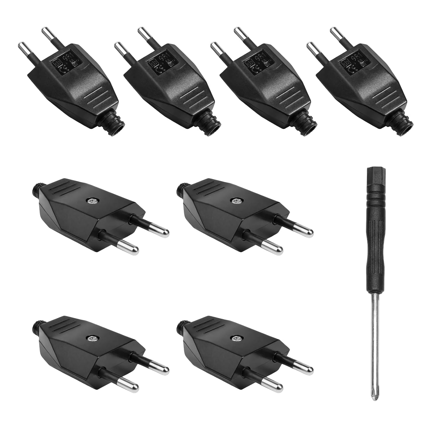 Packung Mit 8 Verstärkten Flachen Steckern (männlich), 250 V, 2,5 A, Aus Polypropylen Und Kupfer, Für Die Stromversorgung Im Haushalt, Zum Unterputz- Oder Austauschen, Schwarz.