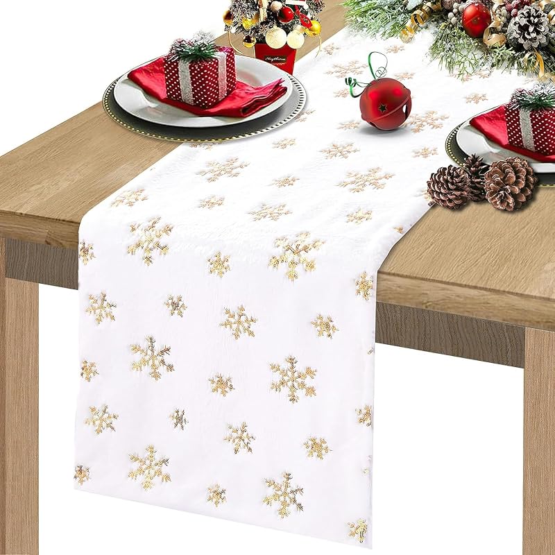 Weihnachtsdekoration, Tischläufer Mit Goldenen Schneeflocken, 35 X 180 Cm