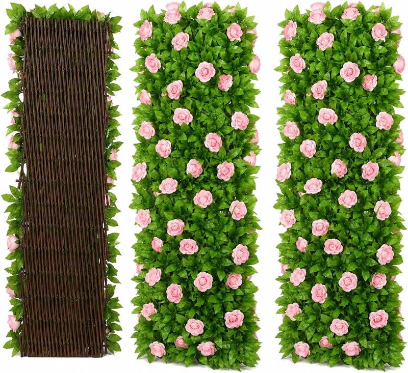 Gartenspalier Mit Blättern, Ausziehbare Spalierelemente Für Den Garten, Künstliches Spalier Mit Efeu Und Lila Blüten, Künstlicher Zaun Mit Efeu Und Lila Blüten (rosen2)