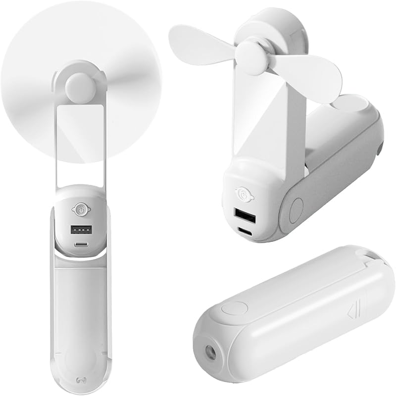 Cnmtcco Mini 5 In 1 Tragbarer Ventilator, Usb-aufladbar, Faltbar, Mit Schultergurt, Powerbank, Taschenlampe, Spiegel Und Handyhalterung, Ideal Für Büro Und Outdoor-aktivitäten (weiß).